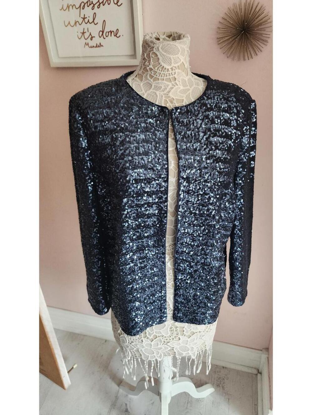 Boden Blue Sequin Open Front Jacket Women's Size 16 Party Evening Blazer